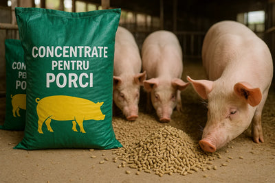 Three pigs eating pellet food beside green bags labeled Concentrate pentru Porci in a barn
