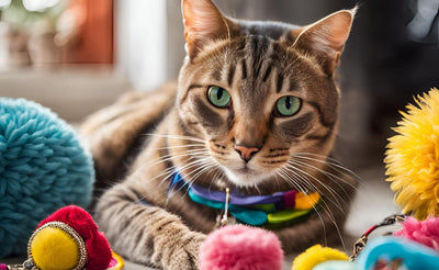 Close-up of a tabby cat with green eyes wearing a colorful collar surrounded by vibrant pom-pom cat toys