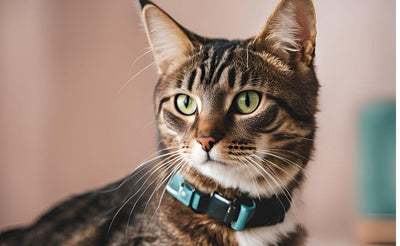 Close-up of a tabby cat with green eyes wearing a blue anti-parasitic collar indoors