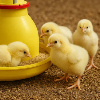 Four fluffy yellow chicks eating from a yellow poultry feeder on brown bedding