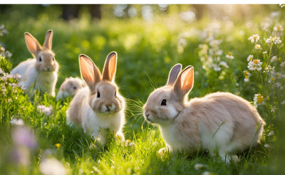 Four light brown rabbits with large ears in a sunlit green meadow with wildflowers