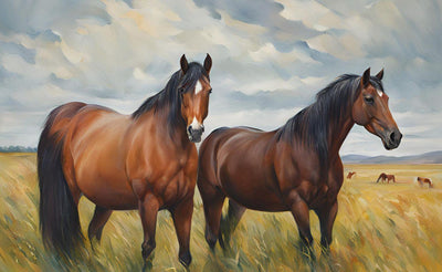 Realistic painting of two brown horses with black manes standing in a grassy field under a cloudy sky