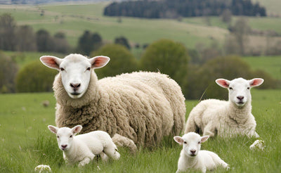 White sheep and three lambs resting on green grass in a pastoral countryside landscape