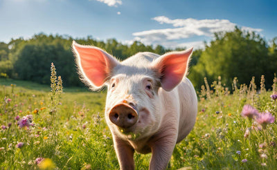 Close-up of a pink pig standing in a green meadow with wildflowers under a blue sky