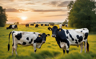 Holstein cows grazing in a green pasture at sunset with trees and a cloudy sky