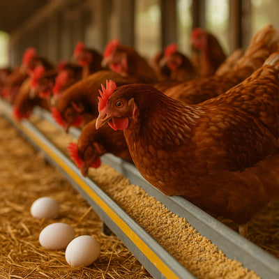 Brown chickens eating feed inside a barn with white eggs on straw floor