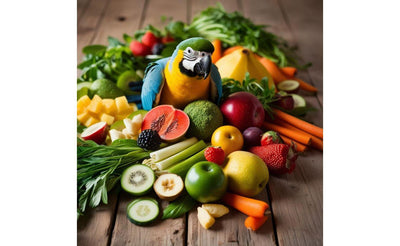 Colorful blue and yellow macaw surrounded by fresh fruits and vegetables on wooden surface