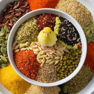 Yellow canary bird sitting in a bowl with assorted colorful seeds and bird food pellets