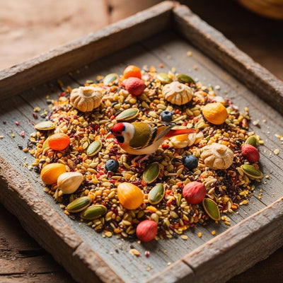 Colorful bird eating mixed seeds and dried fruits in a rustic wooden tray for bird food