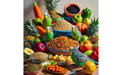 Four green and white parakeets surrounded by bowls of birdseed, fruits, and vegetables on a table