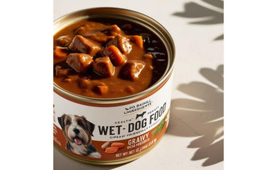 Open can of wet dog food with gravy and chunks on white surface with leaf shadows