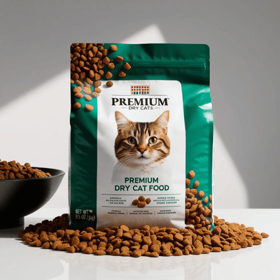 Premium dry cat food bag with tabby cat image surrounded by scattered kibble and black bowl