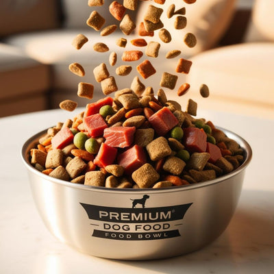 Premium dog food bowl filled with dry kibble and chunks of red meat, with kibble falling into the bowl