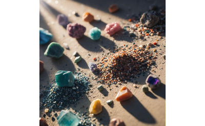 Various colorful mineral stones and grit arranged on sand with sunlight casting long shadows