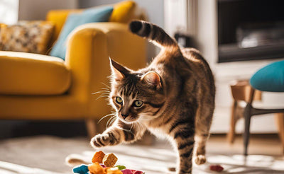 Tabby cat reaching out paw near colorful cat treats on floor in cozy living room