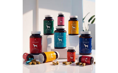 Various colorful vitamin supplement bottles for dogs, displayed on white platforms with capsules scattered around