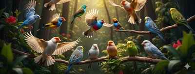 Colorful birds perched and flying around branches in a sunlit forest with flowers and greenery