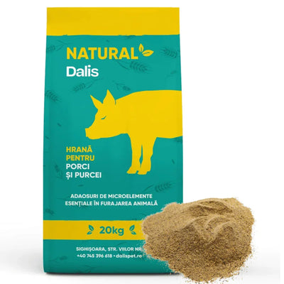 20kg bag of Natural Dalis pig and piglet feed with essential microelements, pile of feed powder