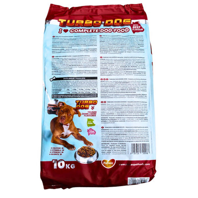 Back of Turbo Dog 10kg complete dog food bag with feeding guide, dog image, and nutritional info