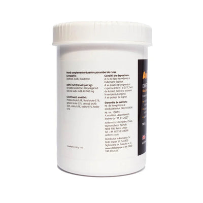 White container of Aviform Dimethyl 500g pigeon dietary supplement with nutrition and storage info