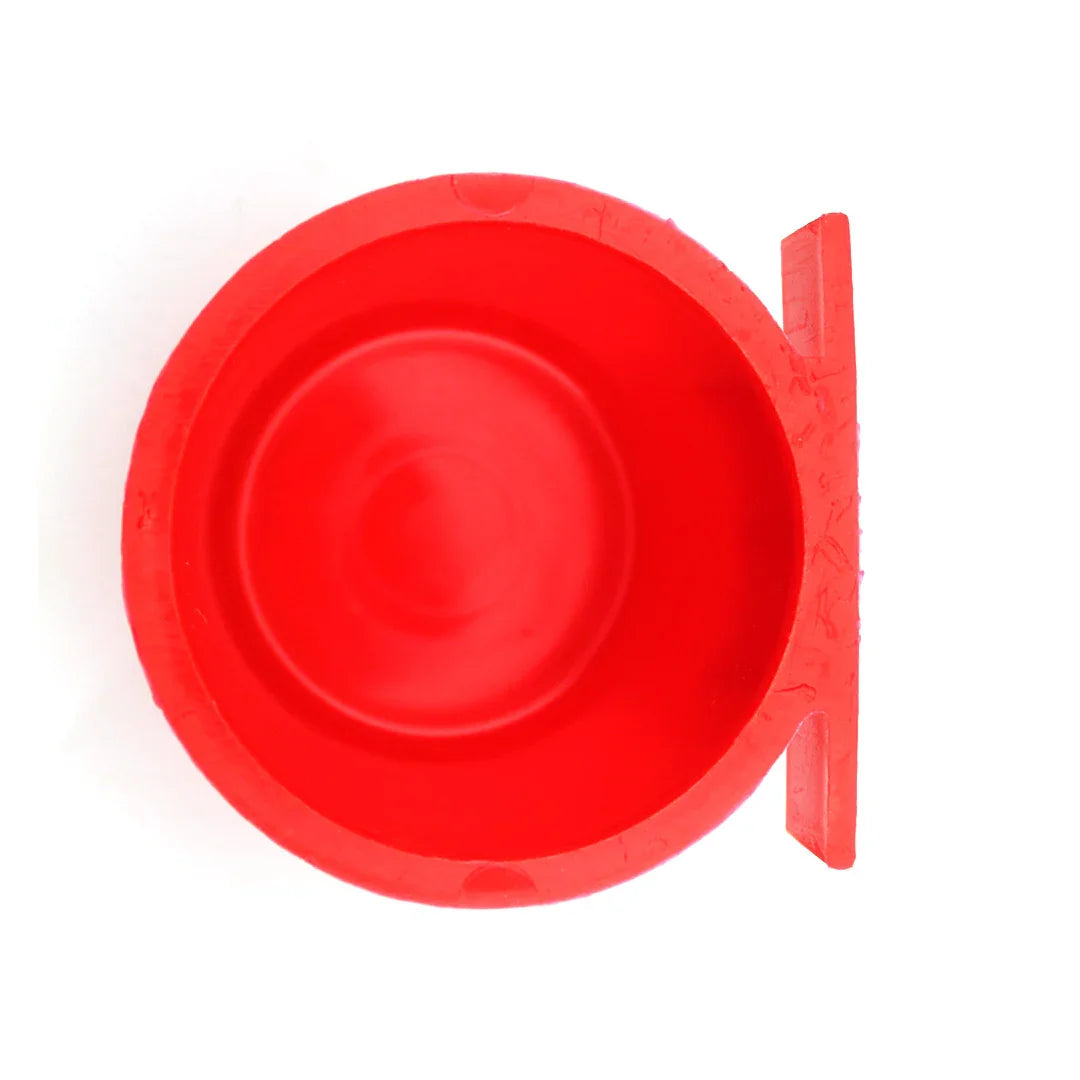 Red plastic feeder adapter cup with mounting tab, top view on white background
