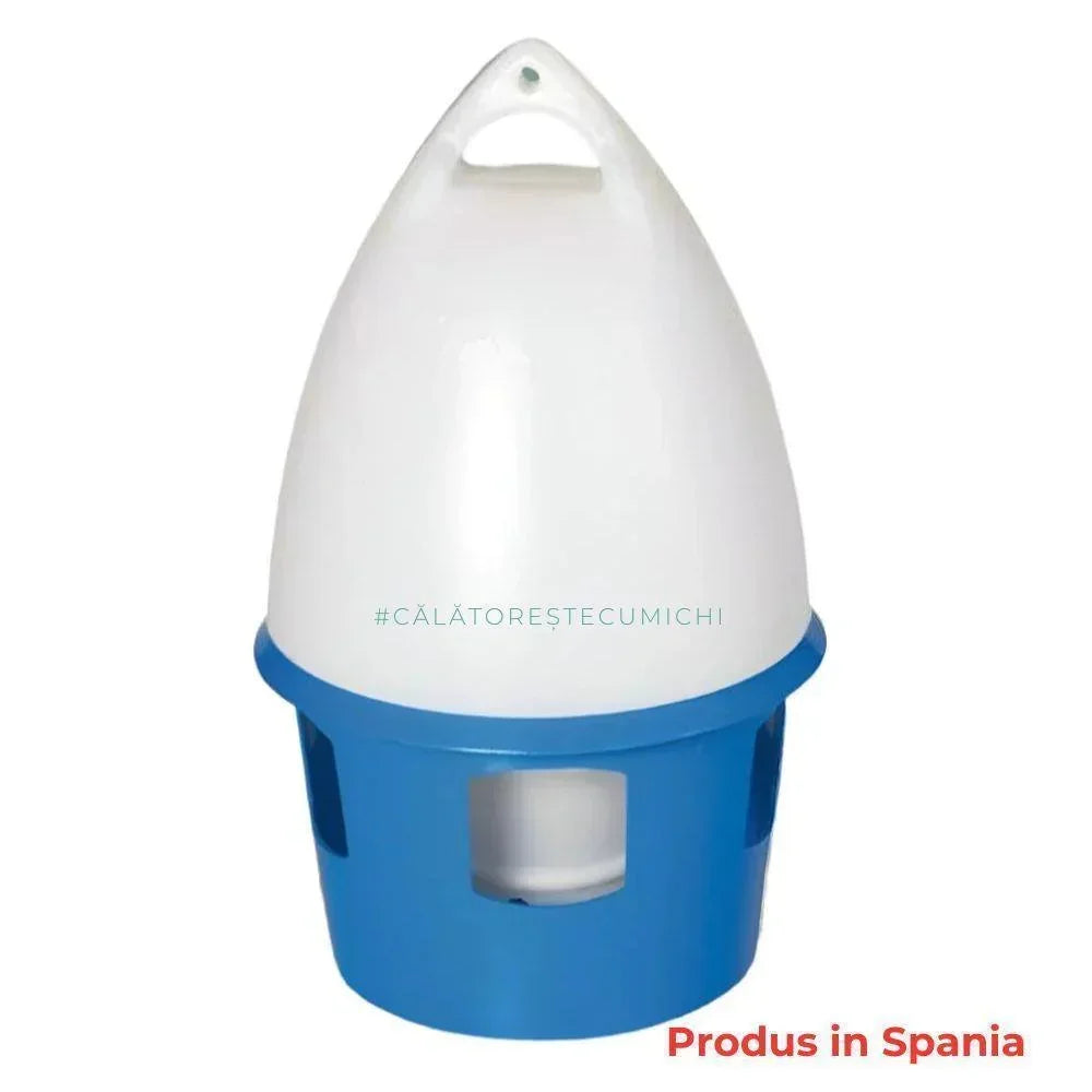 Blue and white plastic pigeon water feeder with handle and openings for birds