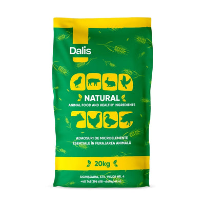 Dalis 20kg green and yellow bag of natural animal food with icons of farm animals