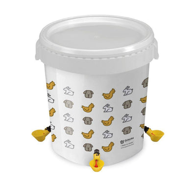 32-liter white plastic bucket with automatic yellow poultry drinker adapters featuring chicken, rabbit, and dog icons