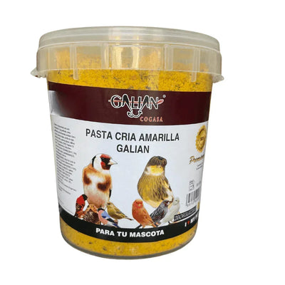 Yellow bird breeding pasta in a plastic container with Galian branding and bird illustrations