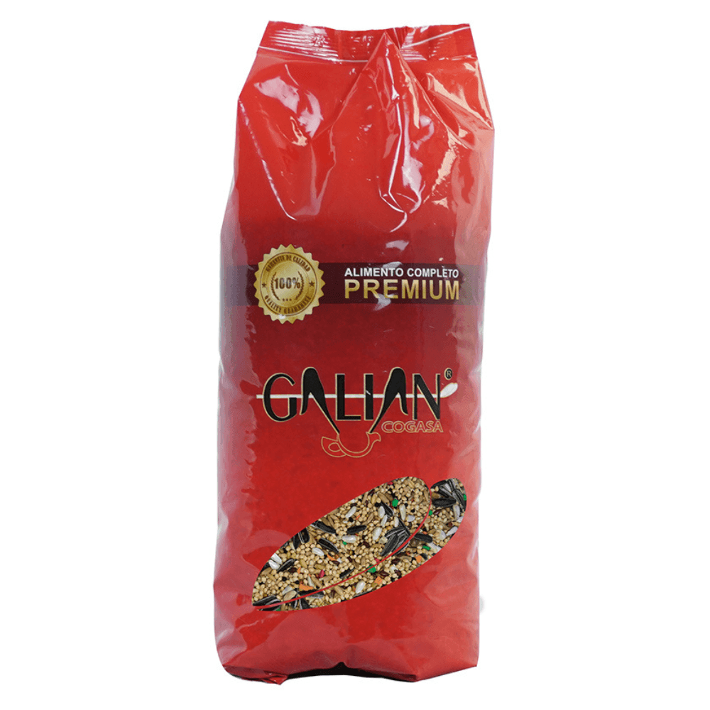 Red bag of GALLIAN Cogasa premium complete bird seed with visible mixed seeds