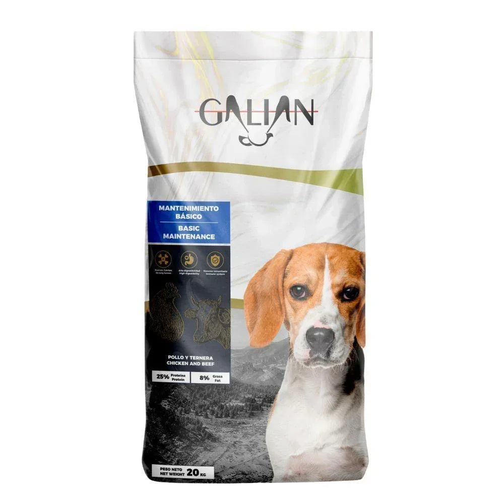 20 kg bag of Galian Basic Maintenance adult dog food with chicken and beef, featuring a beagle dog image