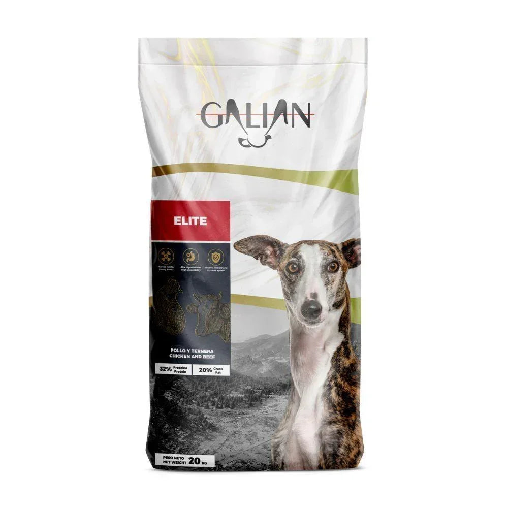Galian Elite 20 kg dog food bag with chicken and beef, protein and fat info, and dog image