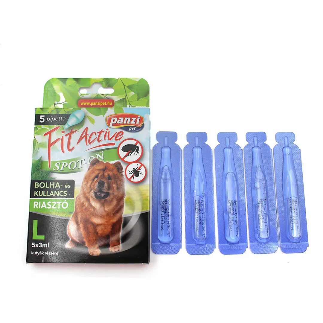 Panzi Fit Active spot-on flea and tick treatment for dogs, 5 pipettes, 3ml each, packaging with chow chow dog image