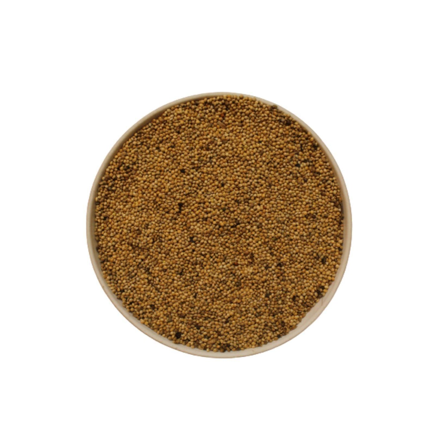 Close-up of a bowl filled with small round white millet seeds on white background