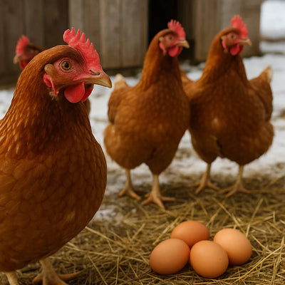 Brown hens standing on straw near four brown eggs in a rustic farm setting