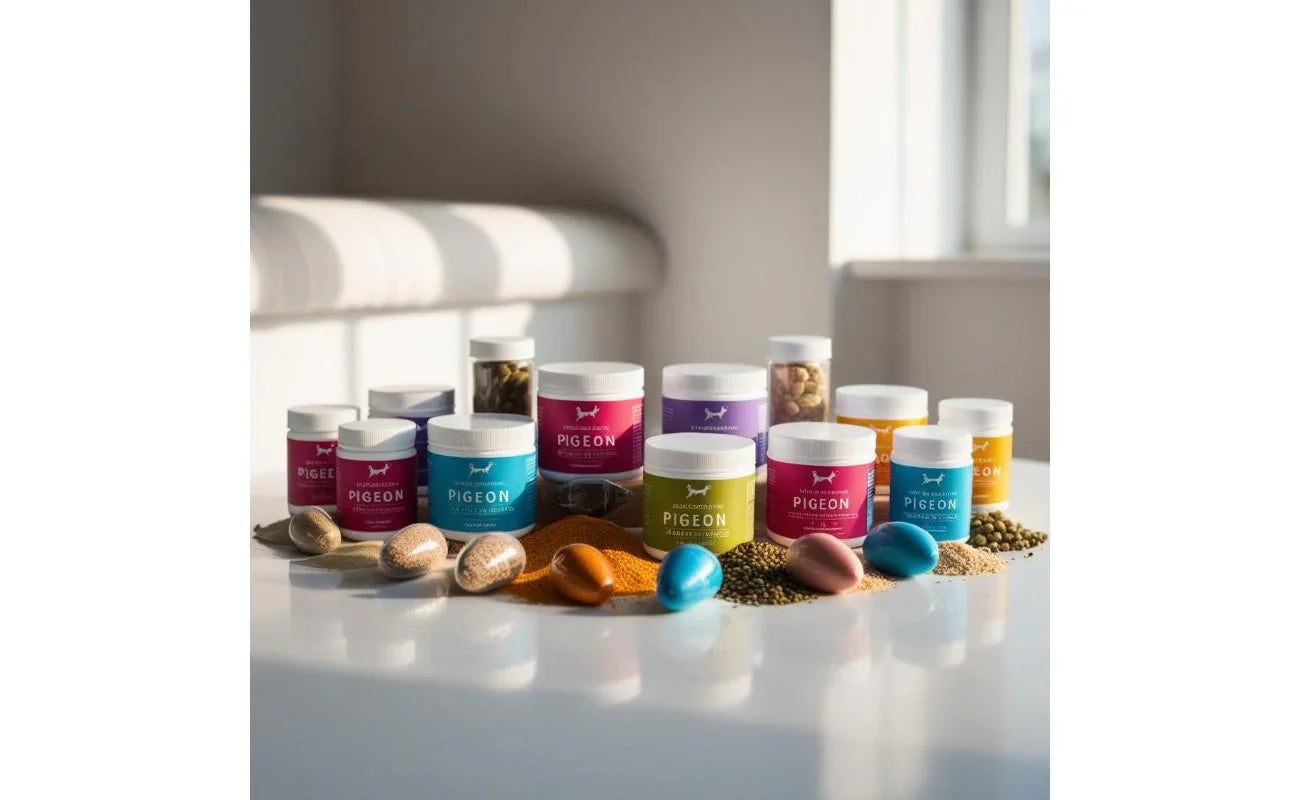 Various pigeon supplements including vitamins and nutrients in jars and capsules on a white table
