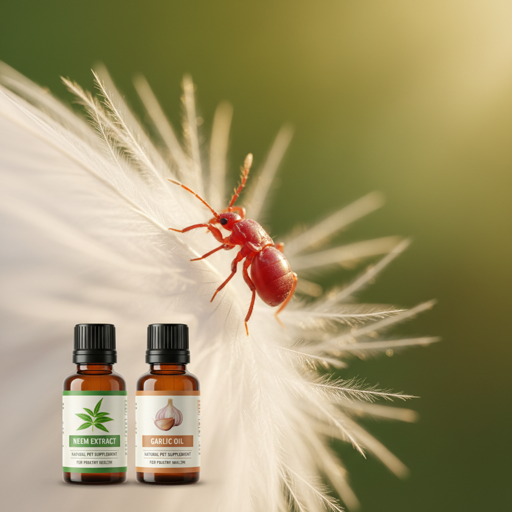 Neem extract and garlic oil for poultry health, natural pet supplements with feather and red insect detail