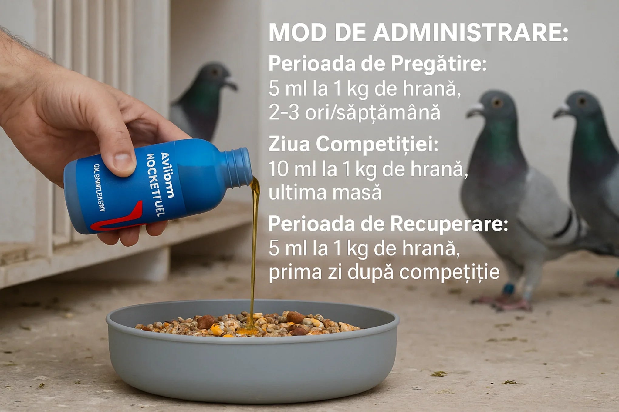Hand pouring AviIom Mocketfuel pigeon supplement into feed bowl with racing pigeons nearby