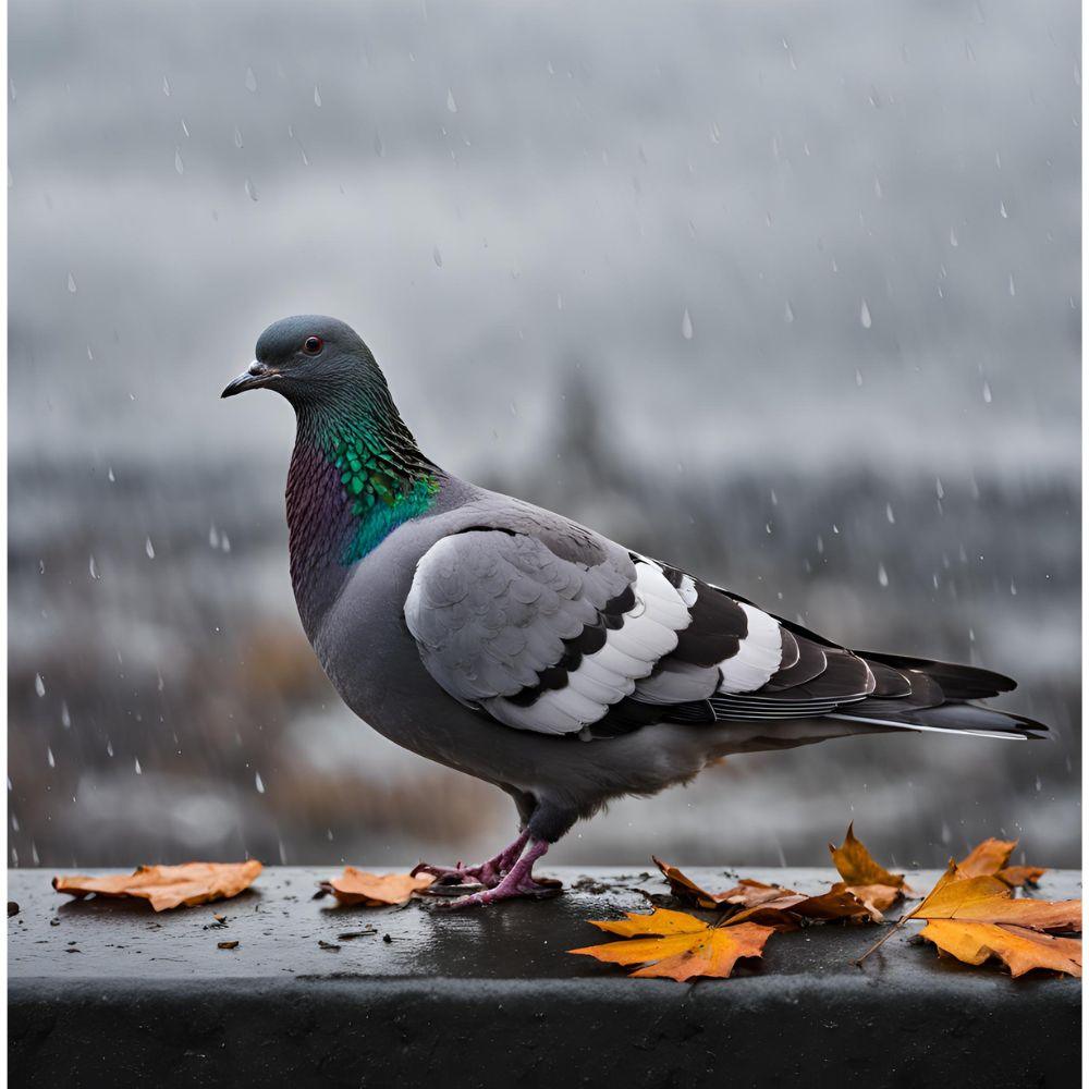 Pigeon standing on wet surface with autumn leaves in rain, showcasing iridescent neck feathers and gray plumage