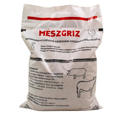 White bag of Mészgríz animal feed supplement for pigs, cows, and poultry with black illustrations