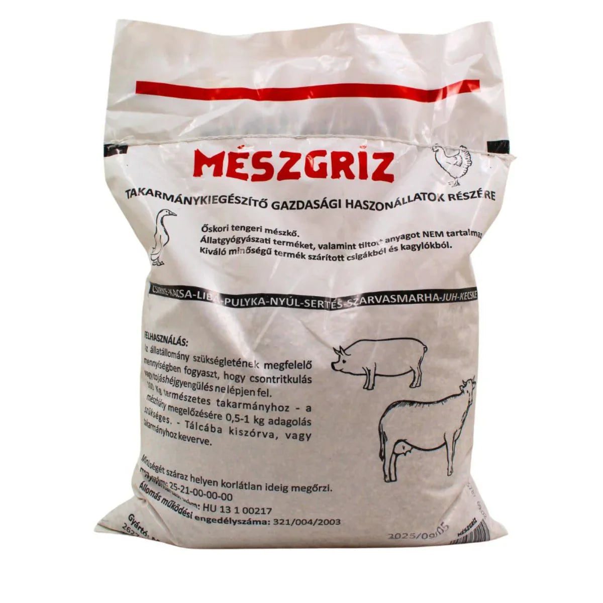White bag of Mészgríz animal feed supplement for pigs, cows, and poultry with black illustrations