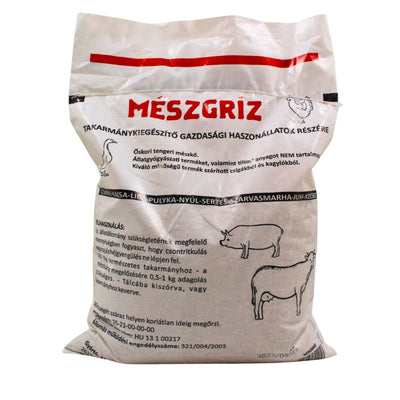 White bag of Mészgríz animal feed supplement for pigs, cows, and poultry with black illustrations