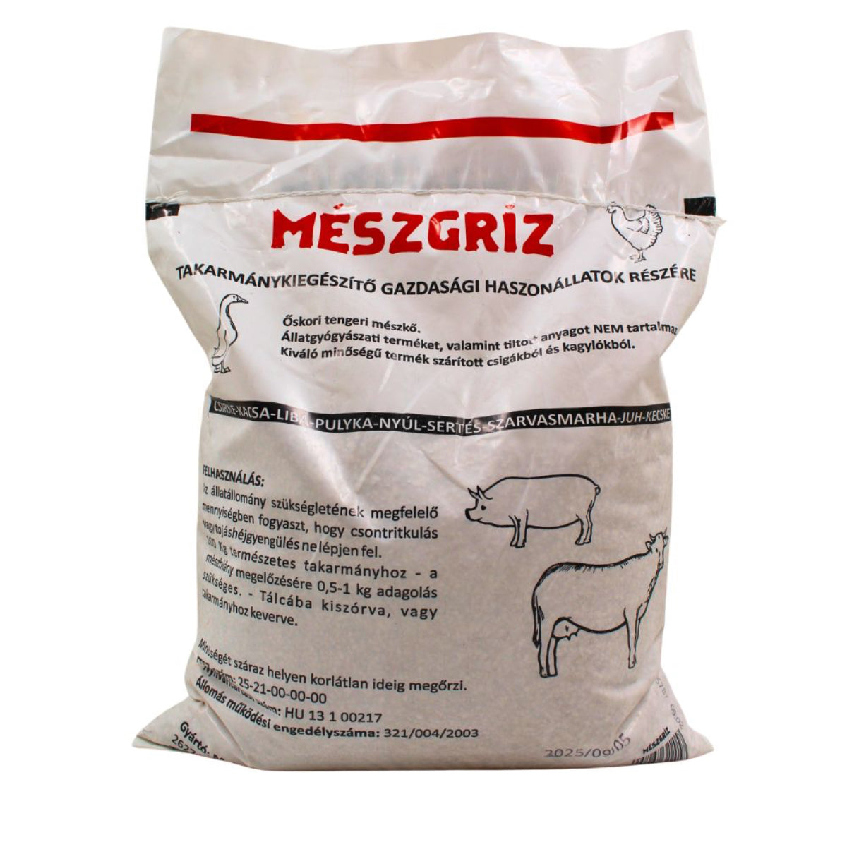 White bag of Mészgríz animal feed supplement for pigs, cows, and poultry with black illustrations