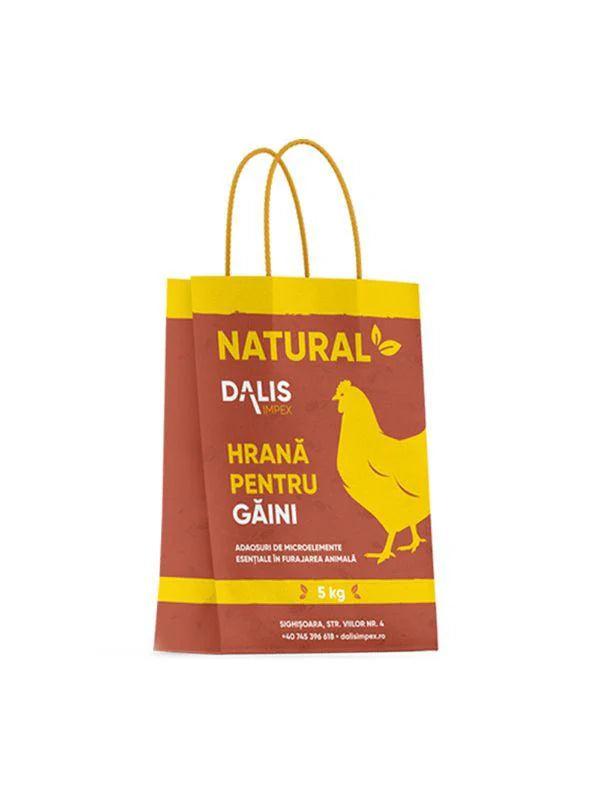 Natural Dalis Impex 5kg chicken feed bag with yellow and brown design and chicken illustration