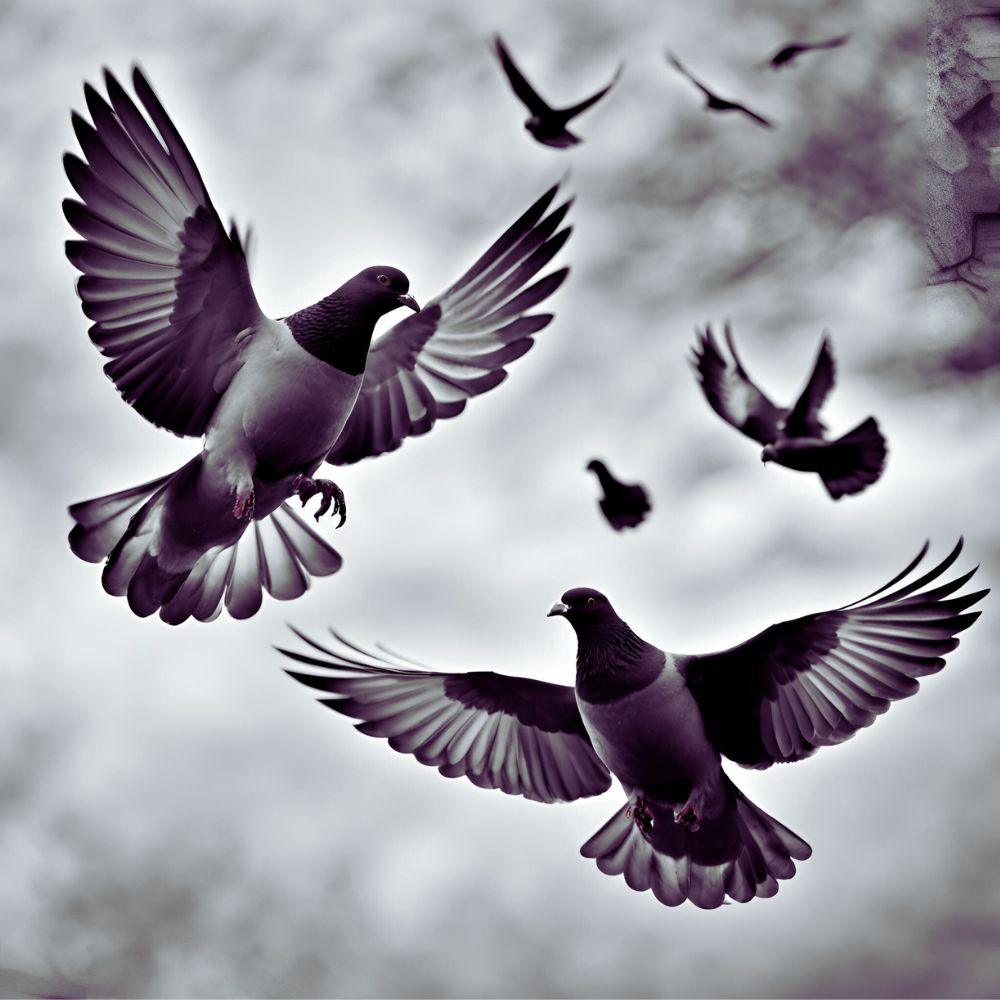 Two pigeons in mid-flight with wings spread wide against a cloudy sky