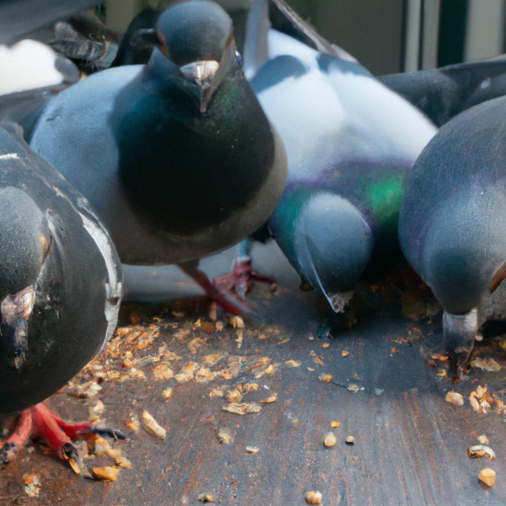 Pigeons eating seeds on ground, feeding time for racing pigeons