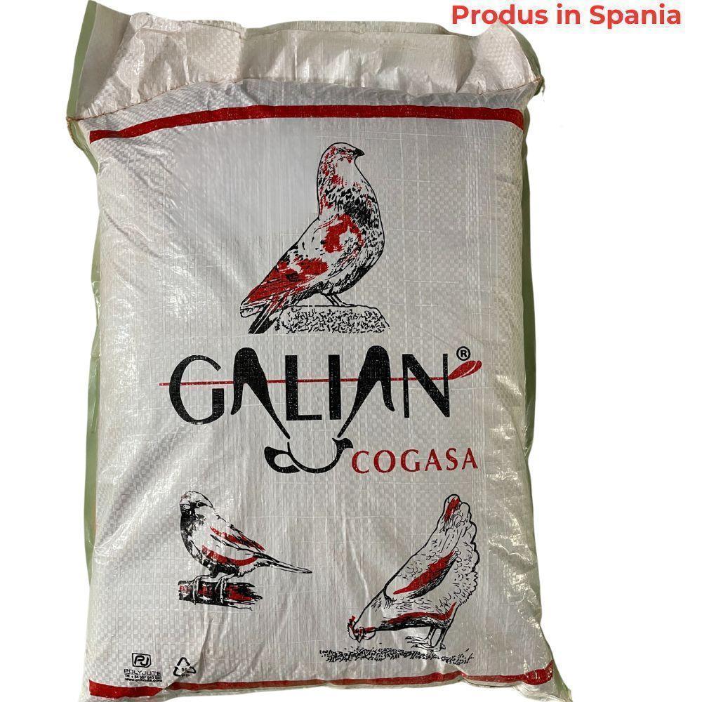 Galian Cogasa pigeon feed bag, produced in Spain, featuring bird illustrations and red accents