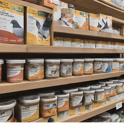 Wooden shelves stocked with nutritional supplements and products for pigeons with pigeon images on packaging