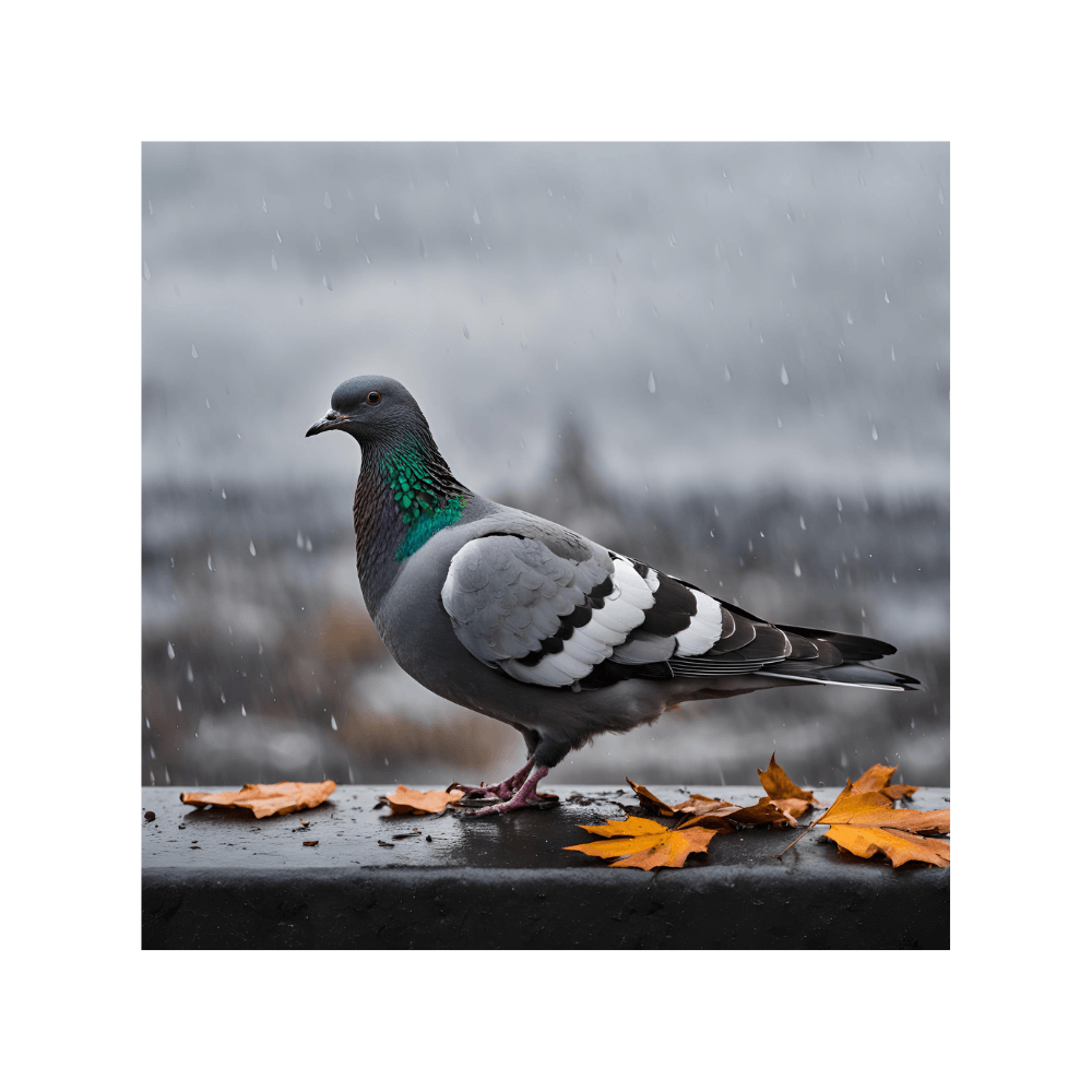 Grey pigeon with iridescent green neck feathers standing on wet surface with autumn leaves in rain