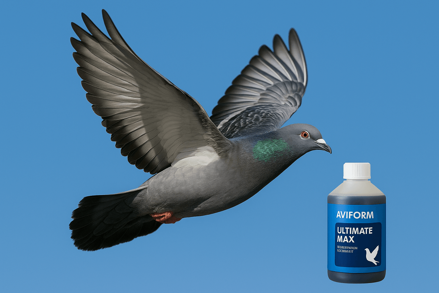 Flying racing pigeon with Aviform Ultimate Max supplement bottle against blue background